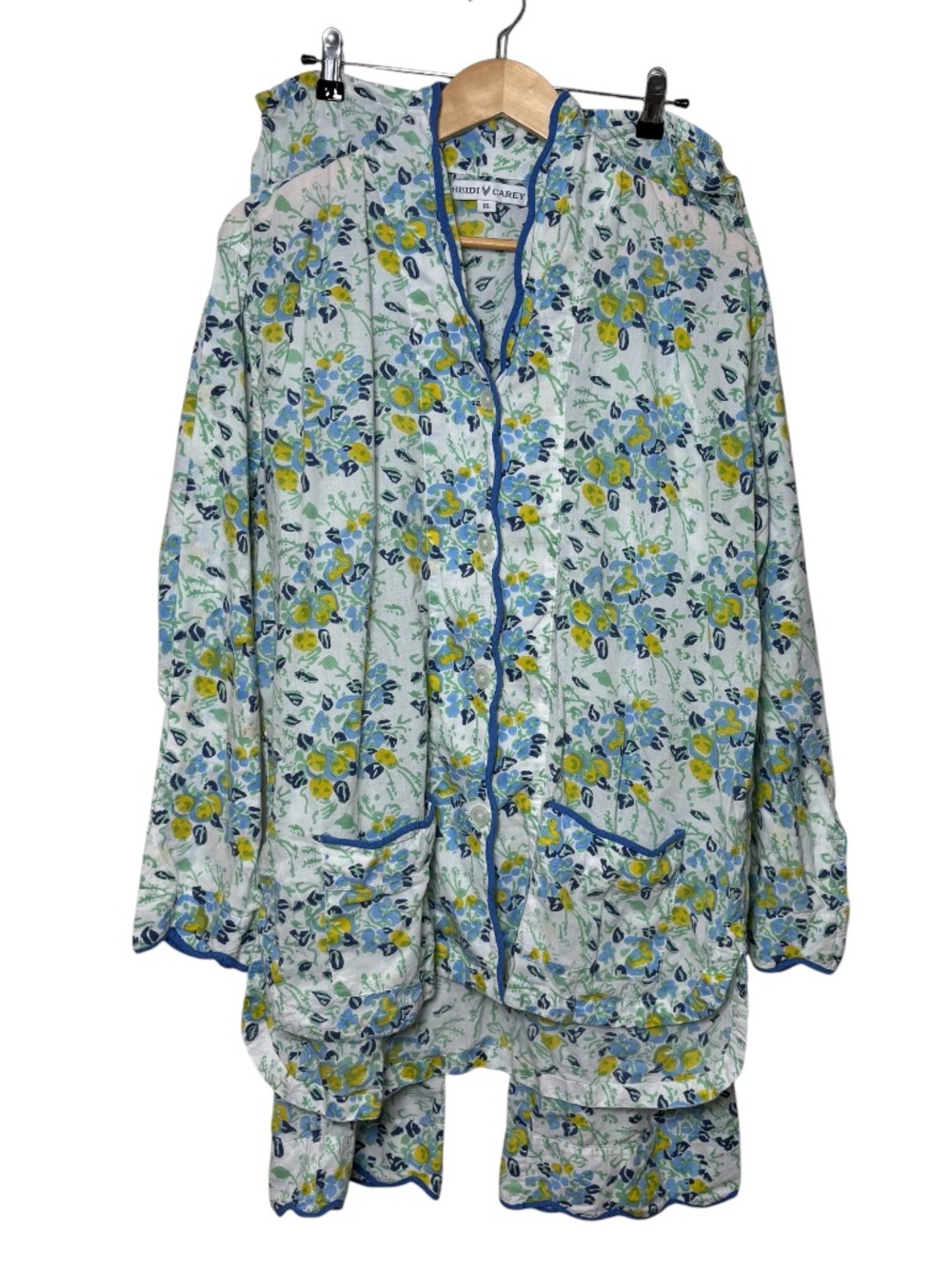 Heidi Carey Floral Pajama Set XL Scalloped Trim 100% Cotton Blue Luxury Lounge